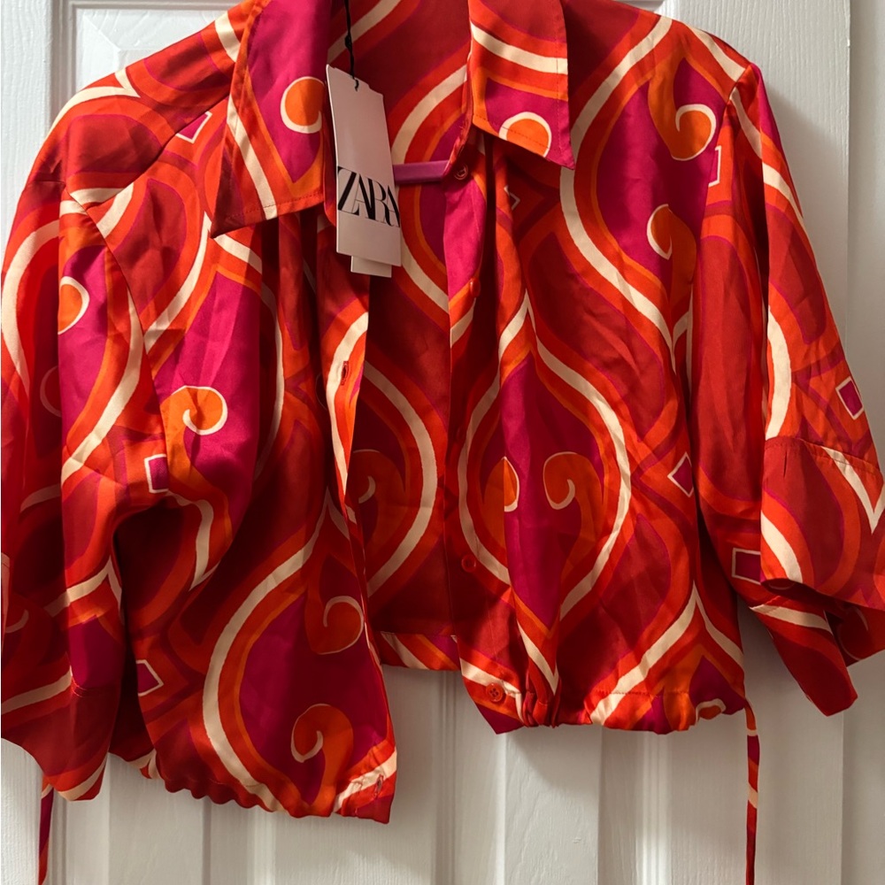 Zara Red and Orange Patterned Blouse